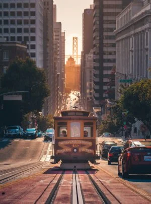 grey cable car between buildings